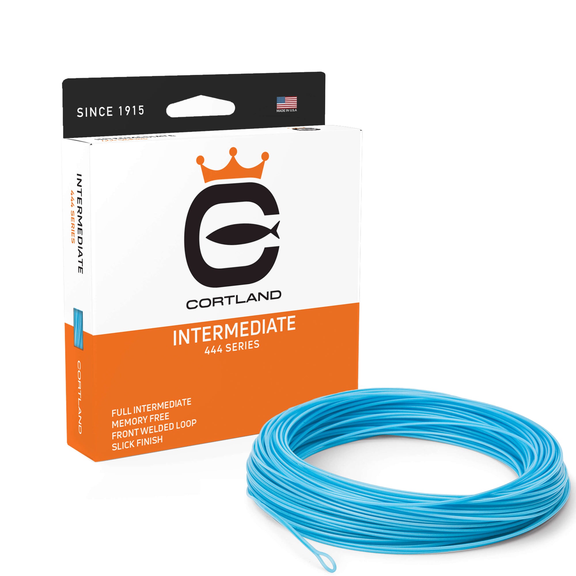 444 Series Intermediate Fly Line and box. The coil is ice blue. The box is orange, white, and black. 