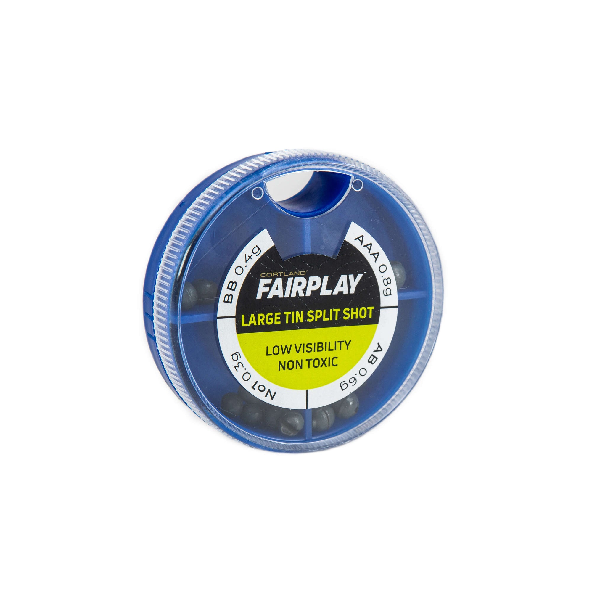 Fairplay Large Tin Split Shot in its blue plastic container