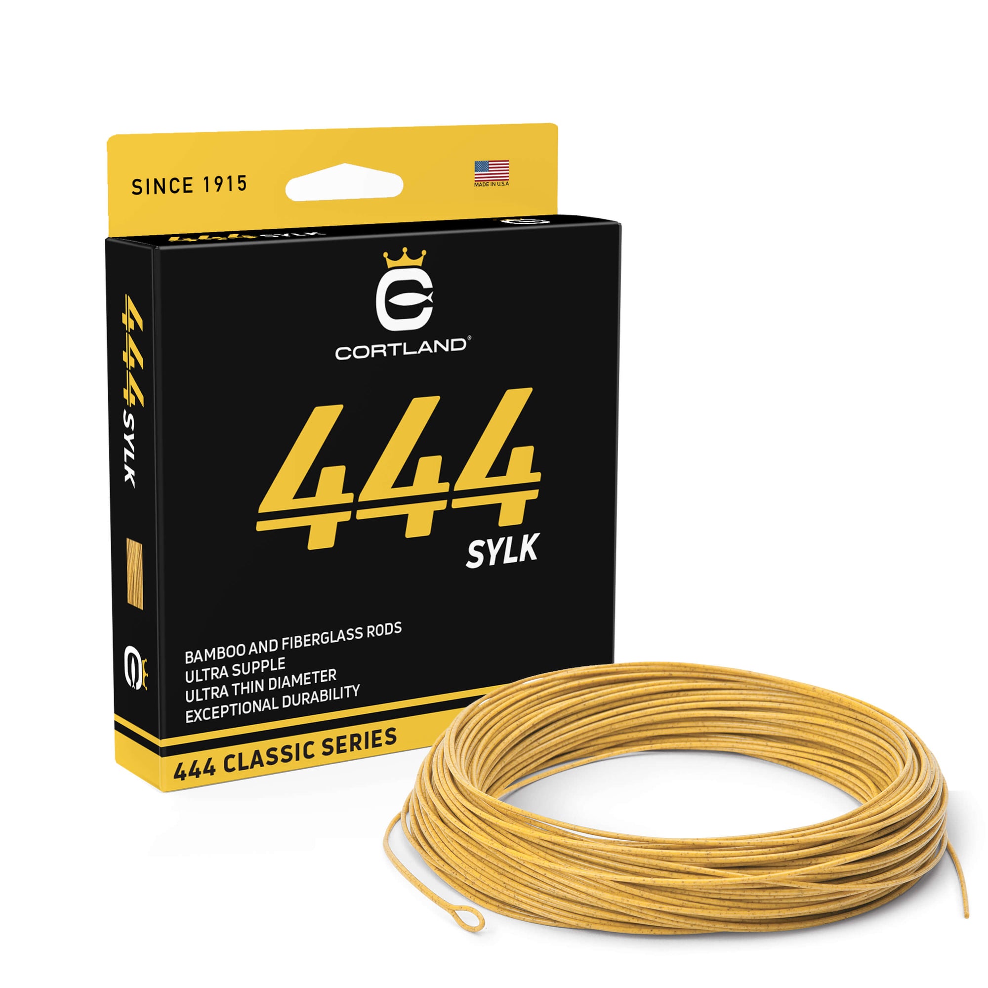 444 Series SYLK Fly Line and box. The fly line is mustard. The box is mustard and black. 