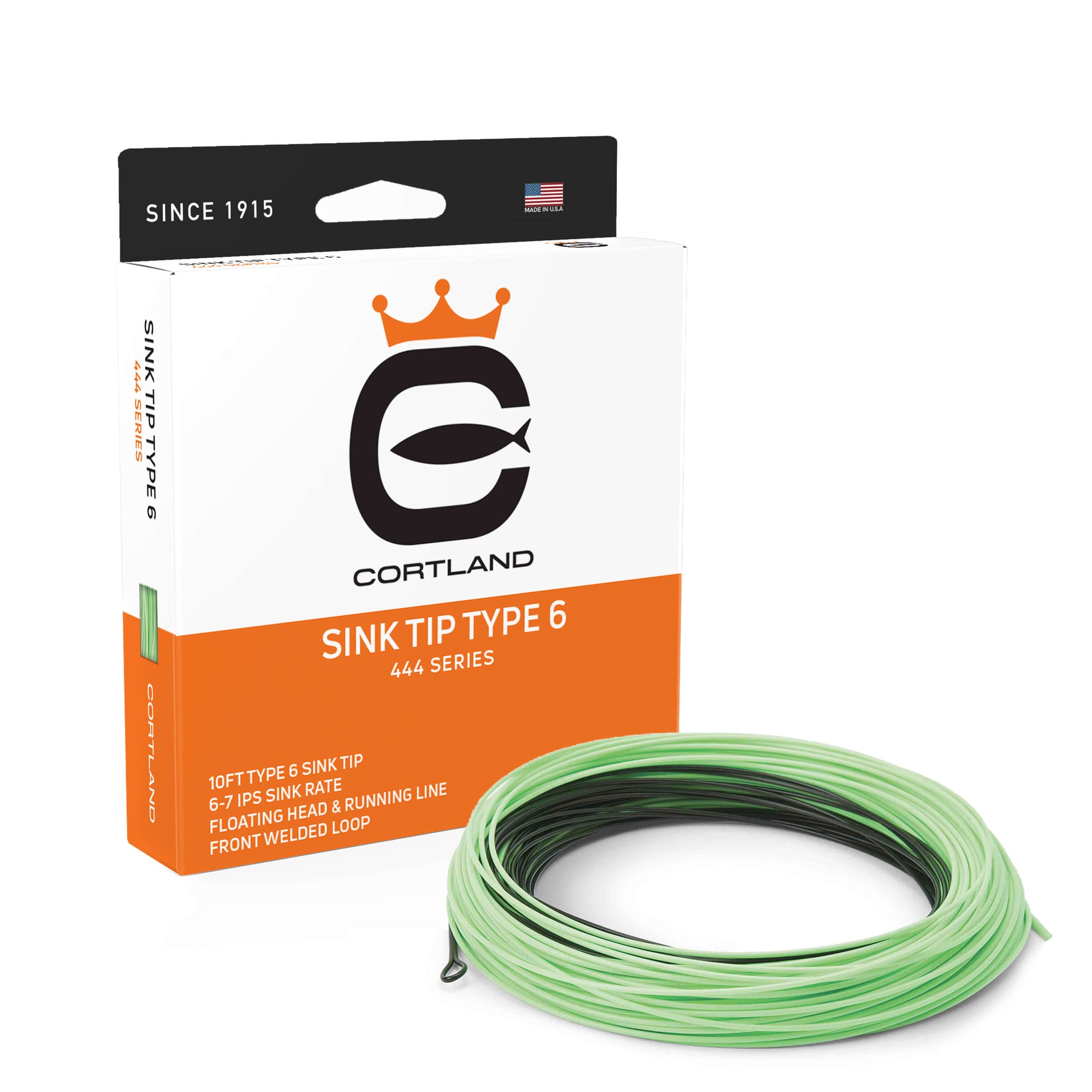 444 Series Sink Tip Type 6 Fly Line Box and coil. The coil is mint green and black. The box is orange, white, and black. 